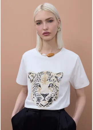Leopard face T-shirt with stone beads