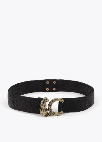 Stretch raffia belt with animal logo