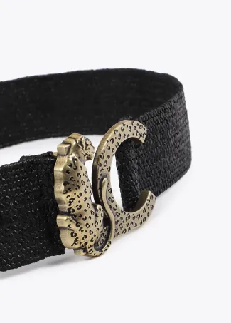 Stretch raffia belt with animal logo