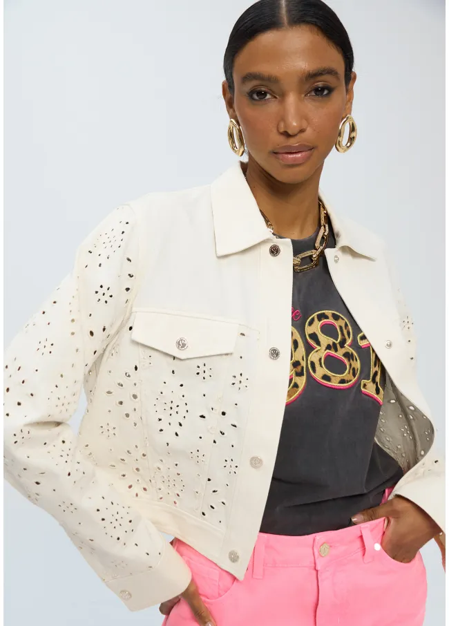 Chaqueta tejana blanca con bordado inglés