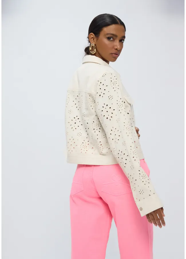 Chaqueta tejana blanca con bordado inglés