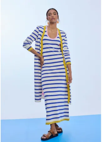 Three-tone striped chunky knit dress with contrast ribbing