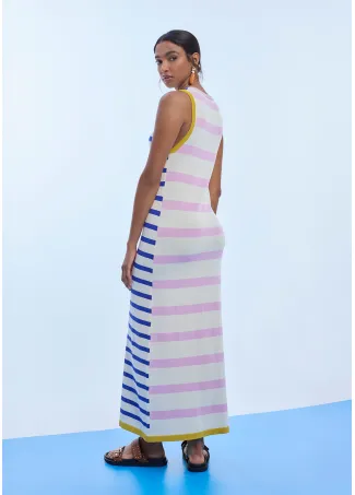 Three-tone striped chunky knit dress with contrast ribbing