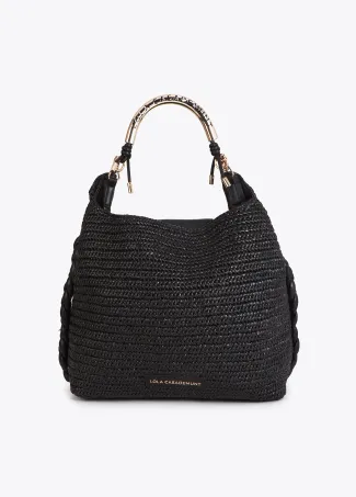 Raffia-effect contrast tote bag with cutwork logo strap