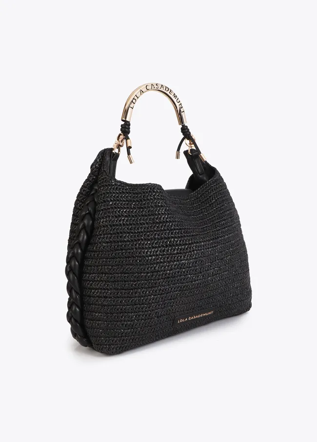 Raffia-effect contrast tote bag with cutwork...