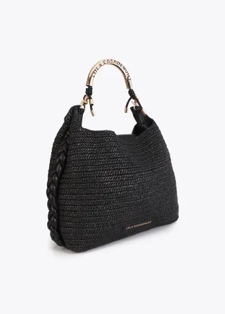 Raffia-effect contrast tote bag with cutwork logo strap
