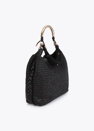 Raffia-effect contrast tote bag with cutwork logo strap