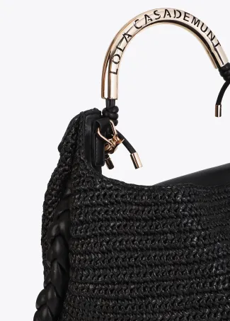 Raffia-effect contrast tote bag with cutwork logo strap