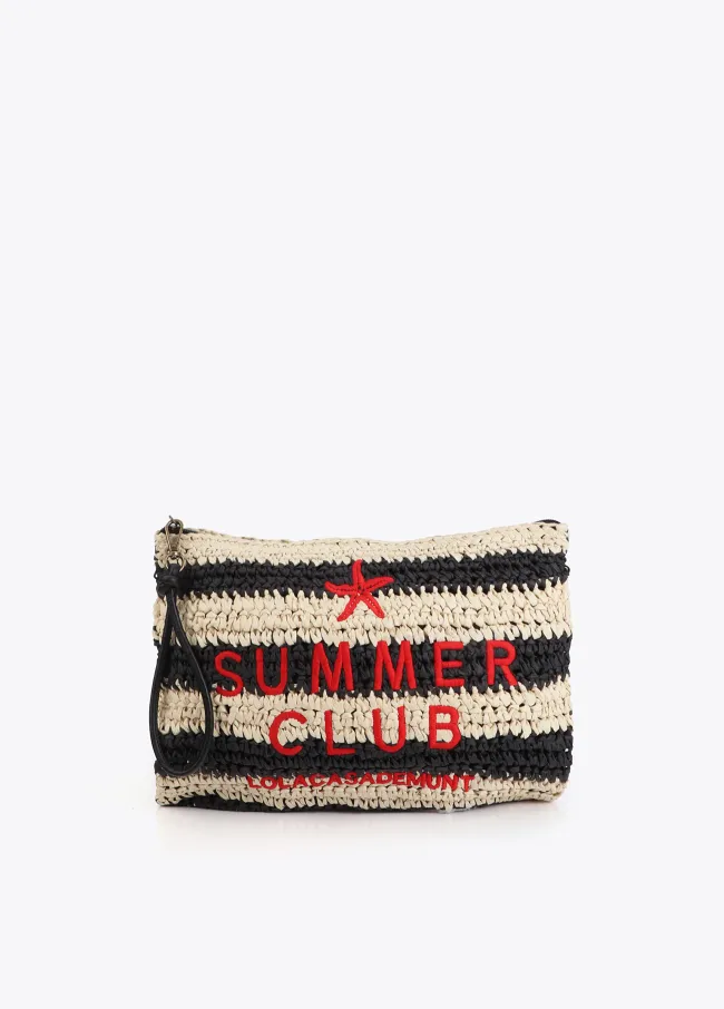 Striped raffia-effect wallet with 3D embroidery