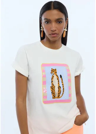 Animal print T-shirt with embroidered transparent sequins