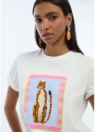 Animal print T-shirt with embroidered transparent sequins