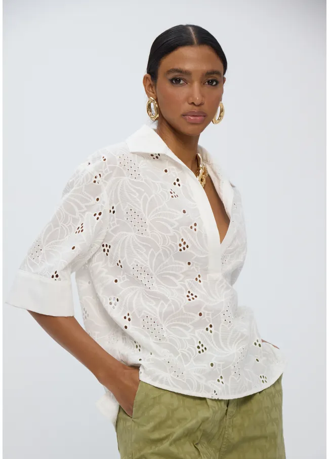Polo-neck cotton short sleeved oversized shirt