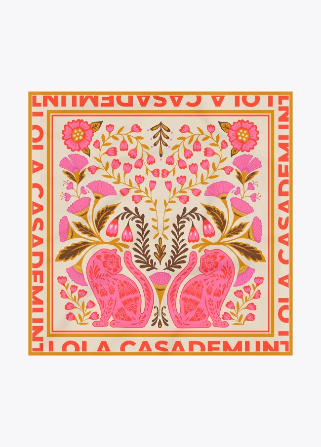 Satin scarf with different floral and tiger motifs