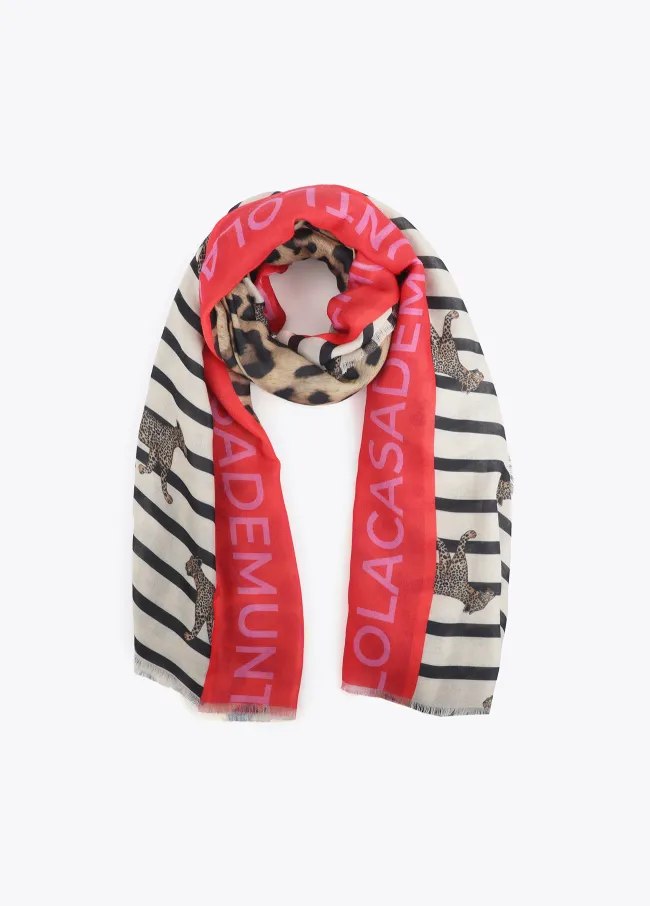Contrast striped and leopard print scarf