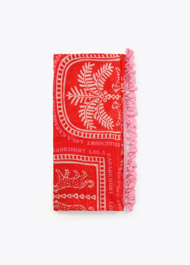 Tropical motif print pareo with fringing