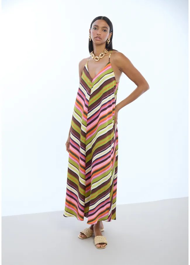 Multi-stripe print satin dress with thin straps