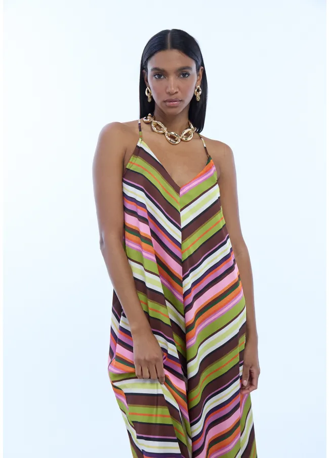 Multi-stripe print satin dress with thin straps