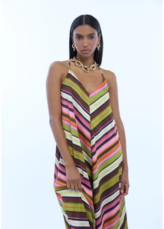 Multi-stripe print satin dress with thin straps