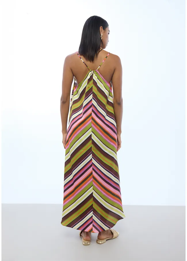 Multi-stripe print satin dress with thin straps