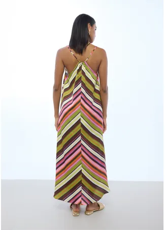 Multi-stripe print satin dress with thin straps