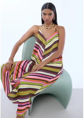 Multi-stripe print satin dress with thin straps