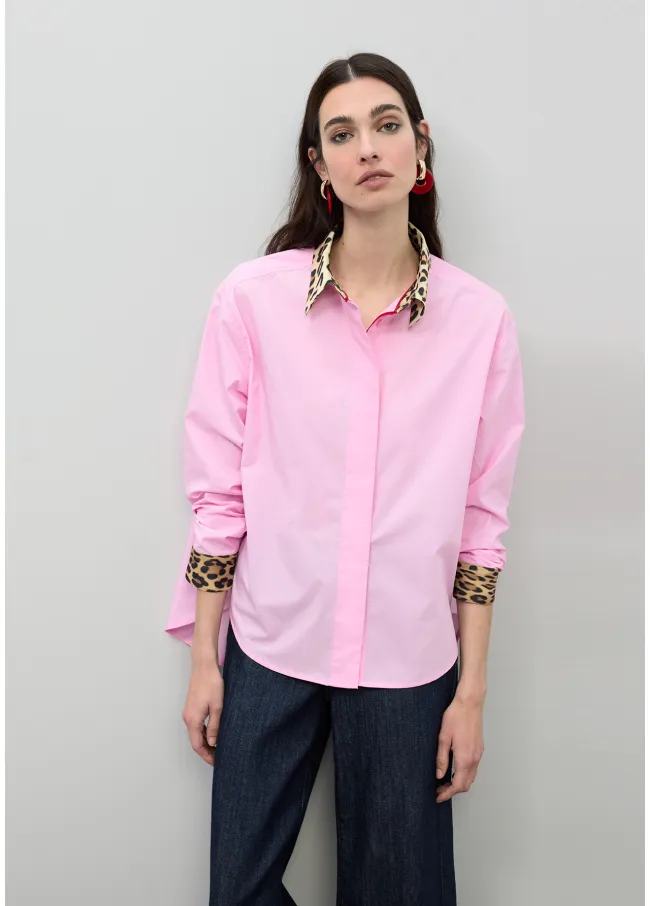 Animal print poplin shirt with contrast cuffs