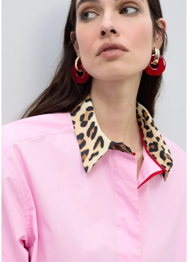 Animal print poplin shirt with contrast cuffs