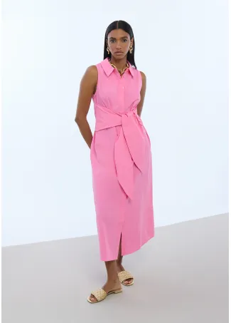 Sleeveless Poplin shirt dress with knot