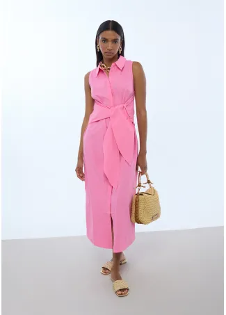 Sleeveless Poplin shirt dress with knot
