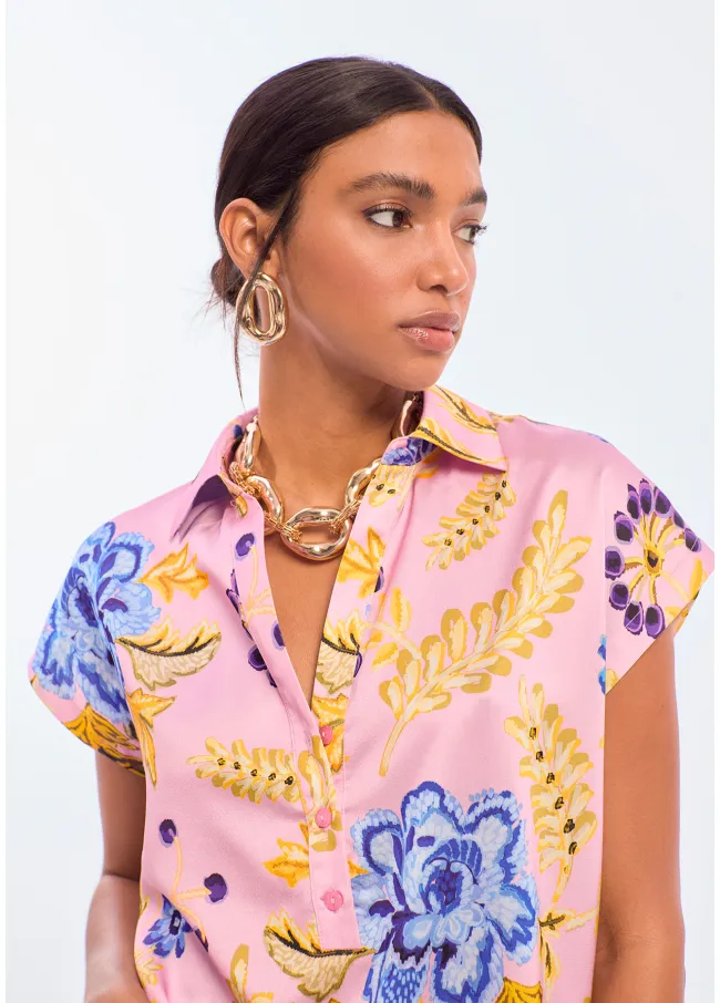 Floral print polo collar blouse