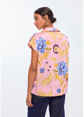 Floral print polo collar blouse