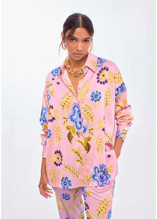 Oversize floral print satin shirt