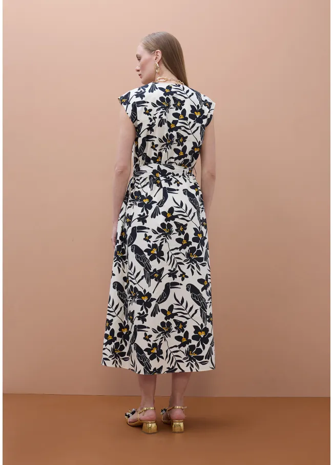 Leaf and parrot print poplin dress