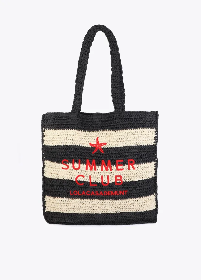 Striped raffia-effect bag with 3D embroidery