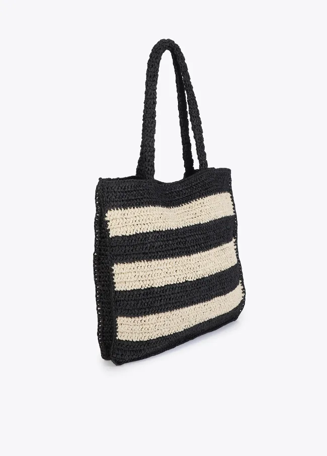 Striped raffia-effect bag with 3D embroidery