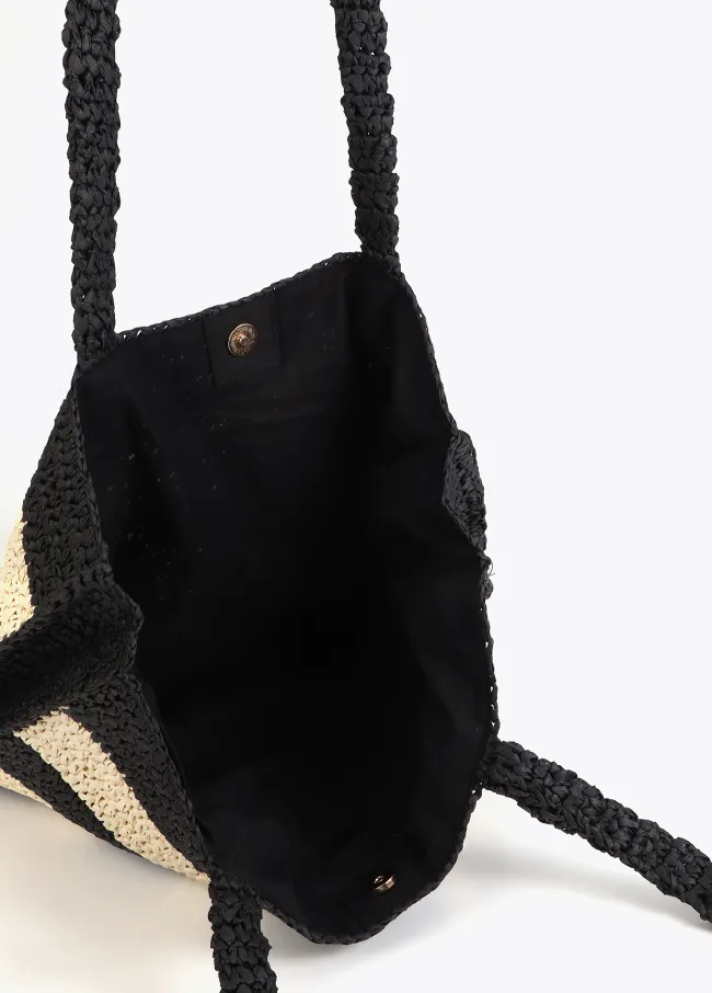 Striped raffia-effect bag with 3D embroidery