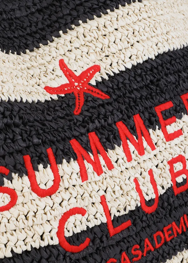 Striped raffia-effect bag with 3D embroidery