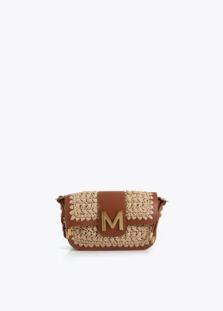 Contrast raffia and faux leather crossbody bag