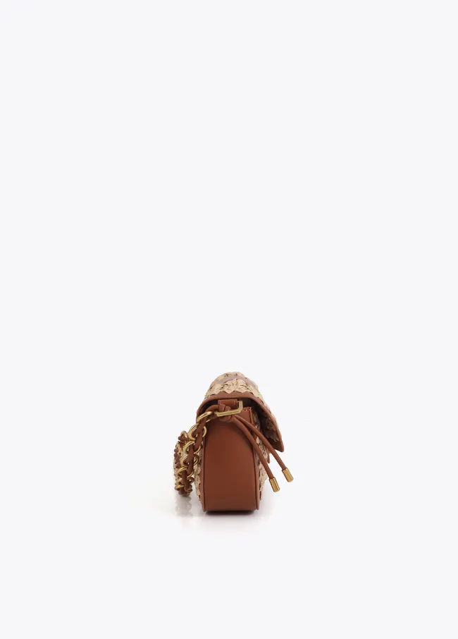 Contrast raffia and faux leather crossbody bag