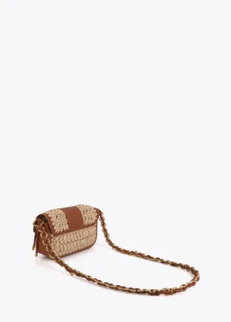 Contrast raffia and faux leather crossbody bag