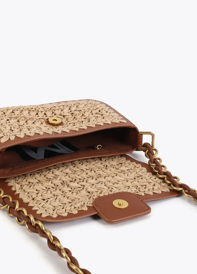 Contrast raffia and faux leather crossbody bag
