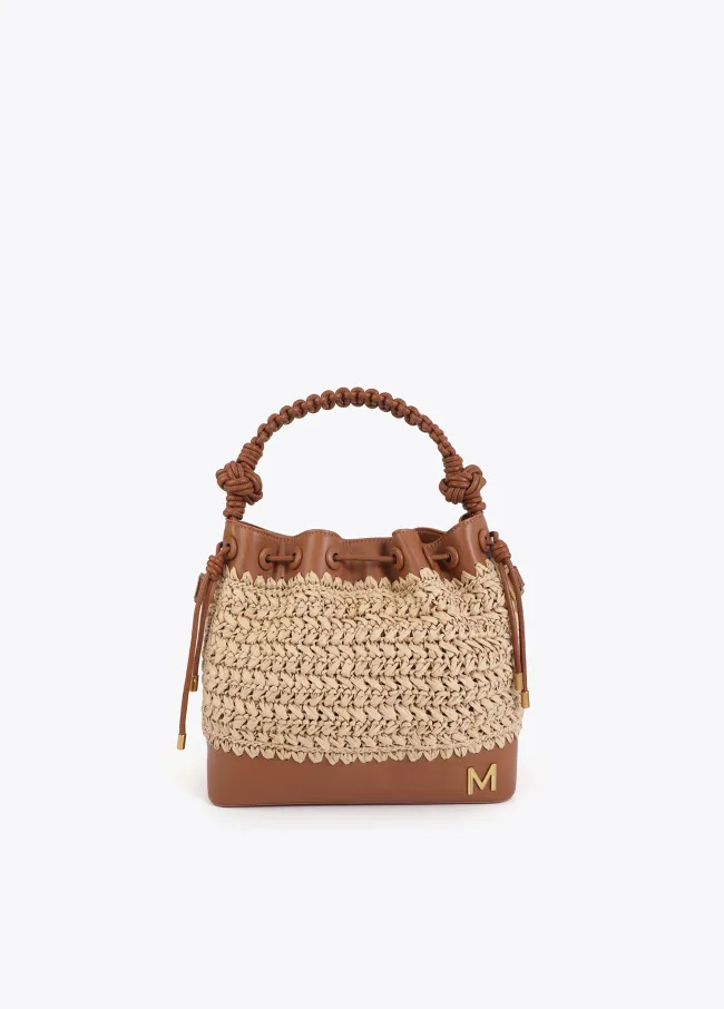 Contrast raffia and faux leather pouch bag