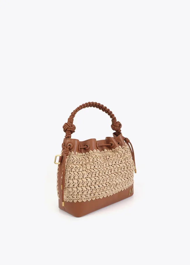 Contrast raffia and faux leather pouch bag