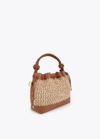 Contrast raffia and faux leather pouch bag