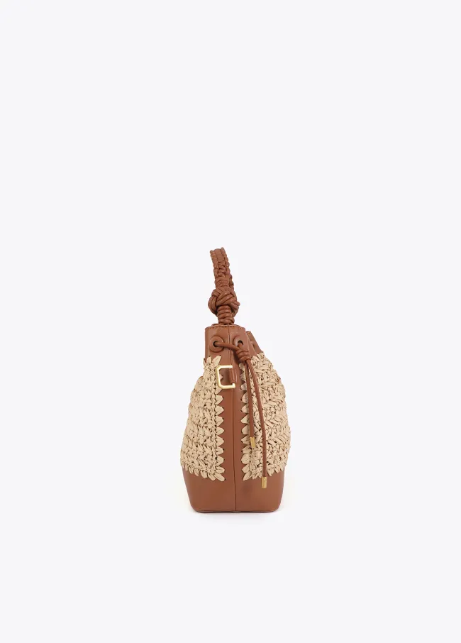 Contrast raffia and faux leather pouch bag