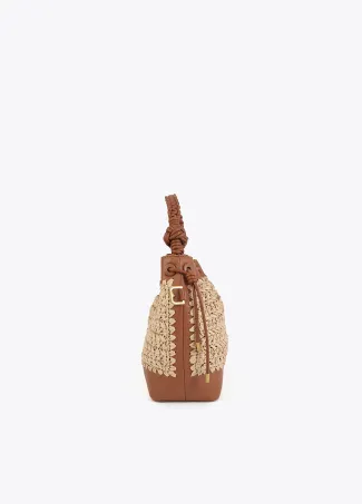 Contrast raffia and faux leather pouch bag
