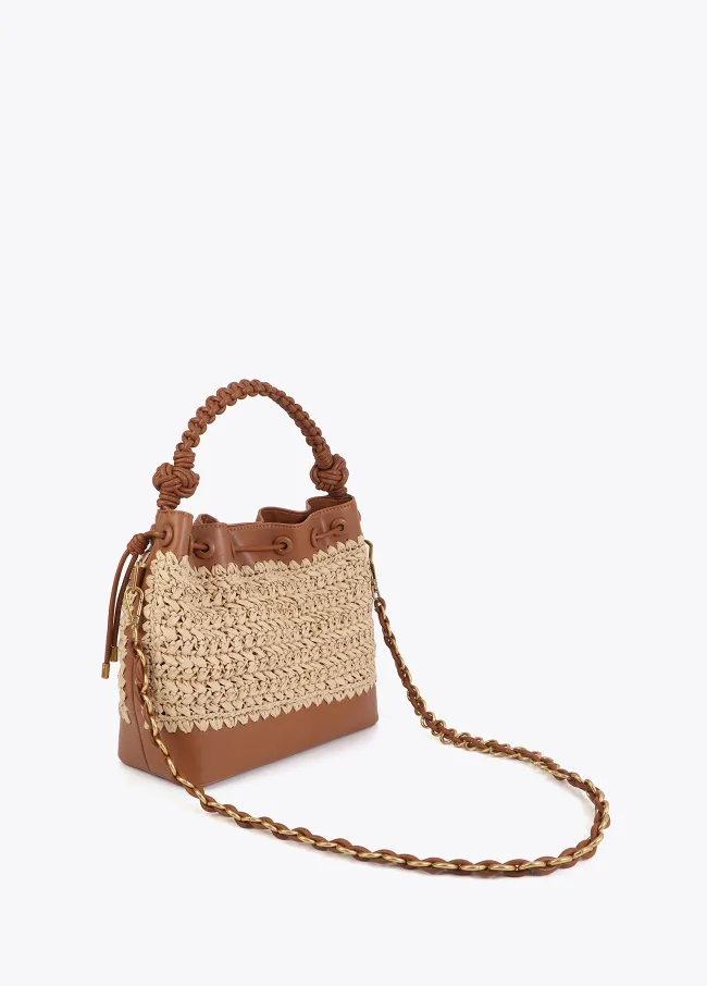 Contrast raffia and faux leather pouch bag