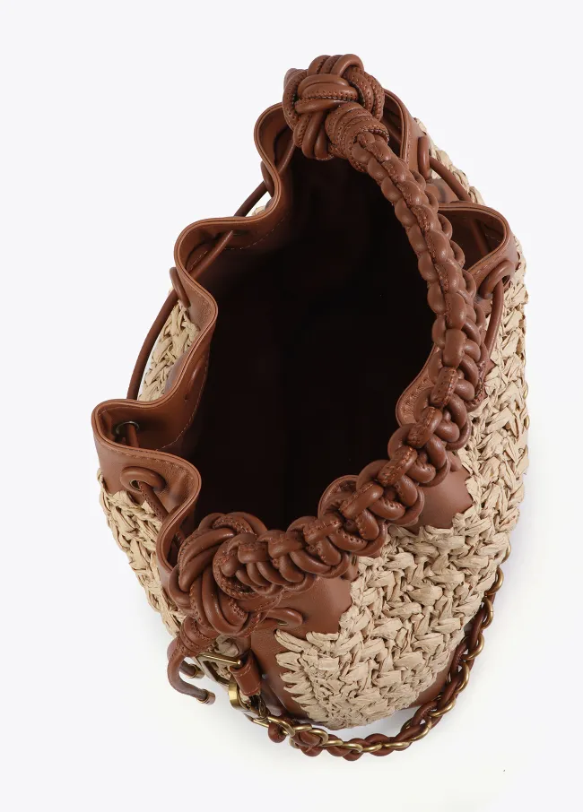 Contrast raffia and faux leather pouch bag