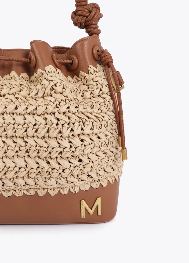Contrast raffia and faux leather pouch bag