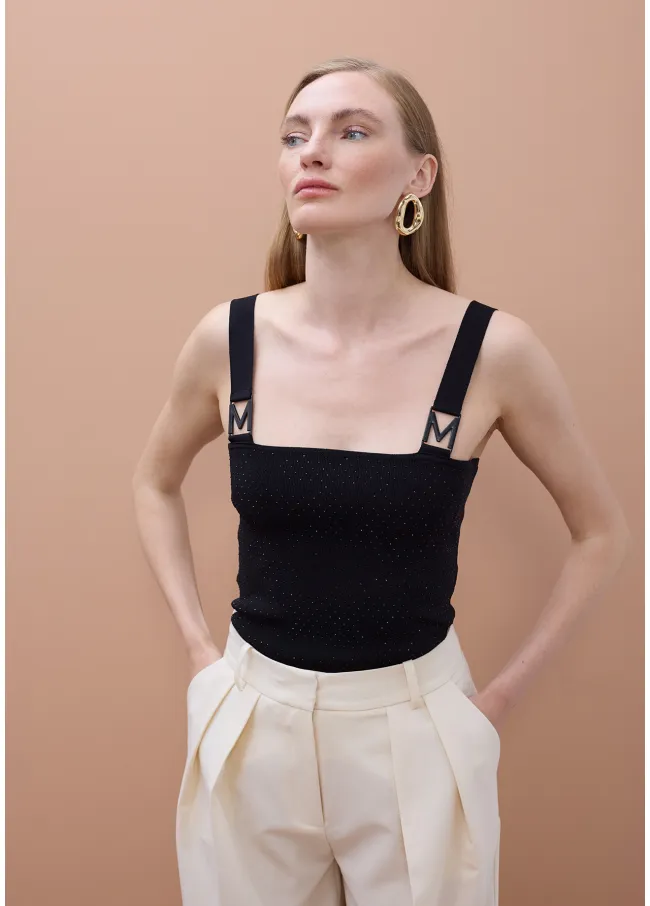 Strappy knitted top with M rhinestone buckle